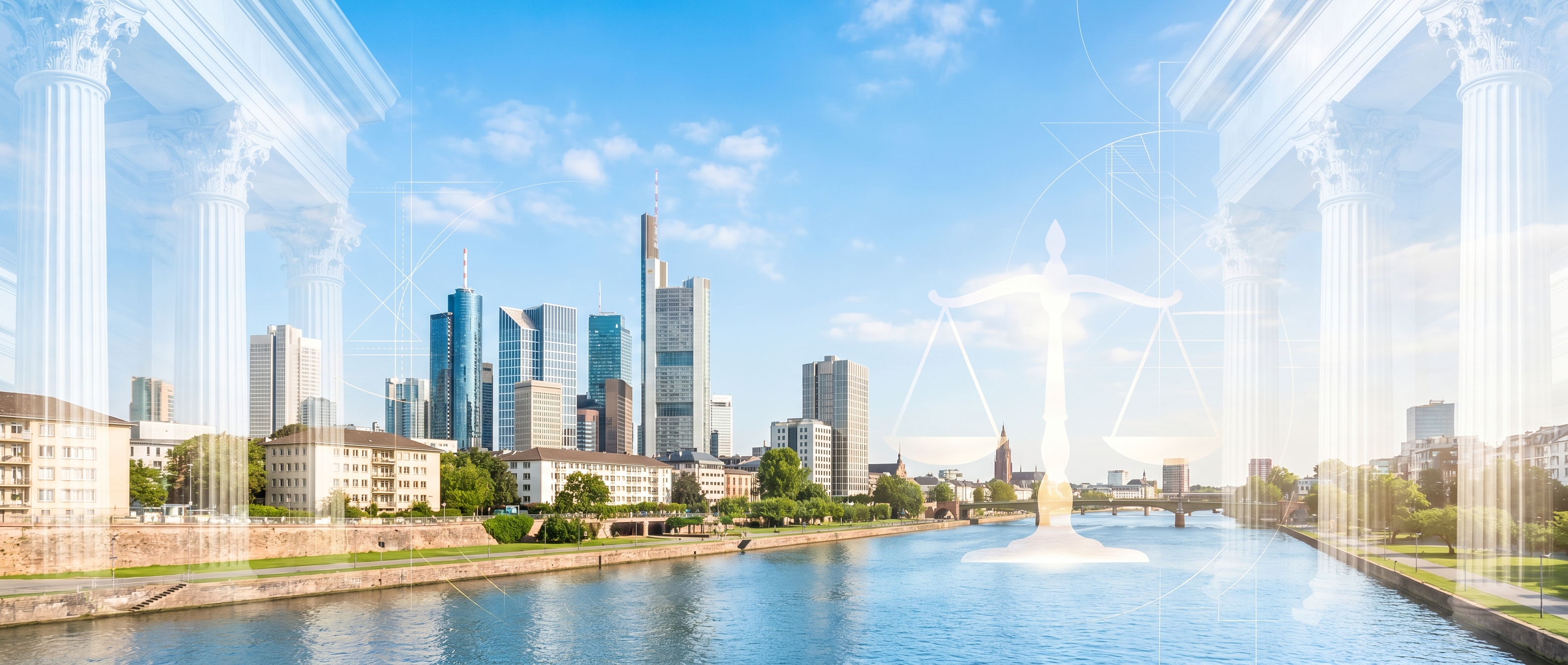 Frankfurt Skyline mit Säulen und Justitia-Waage – Kanzlei Brehm