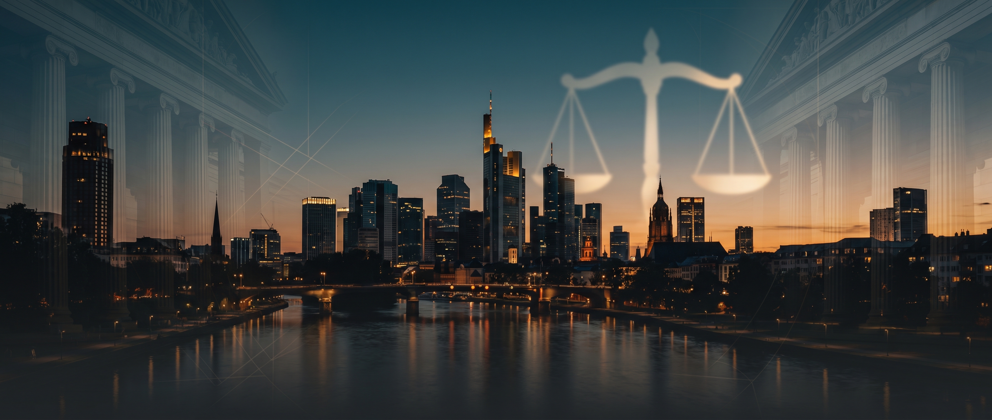 Frankfurt Skyline zur blauen Stunde mit Säulen und Justitia-Waage – Kanzlei Brehm